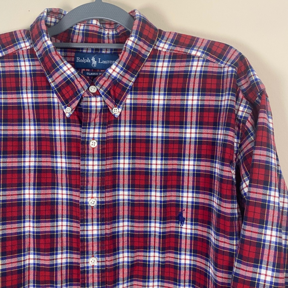 Ralph Lauren Mens 2XB Big Plaid Button Down Shirt Red White Blue‎ Classic Fit